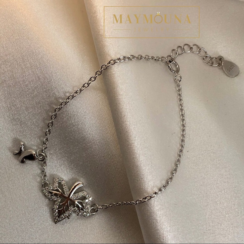 925 STERLING SILVER CZ MAPLE LEAF CHAIN BRACELET - Picture 2 of 9